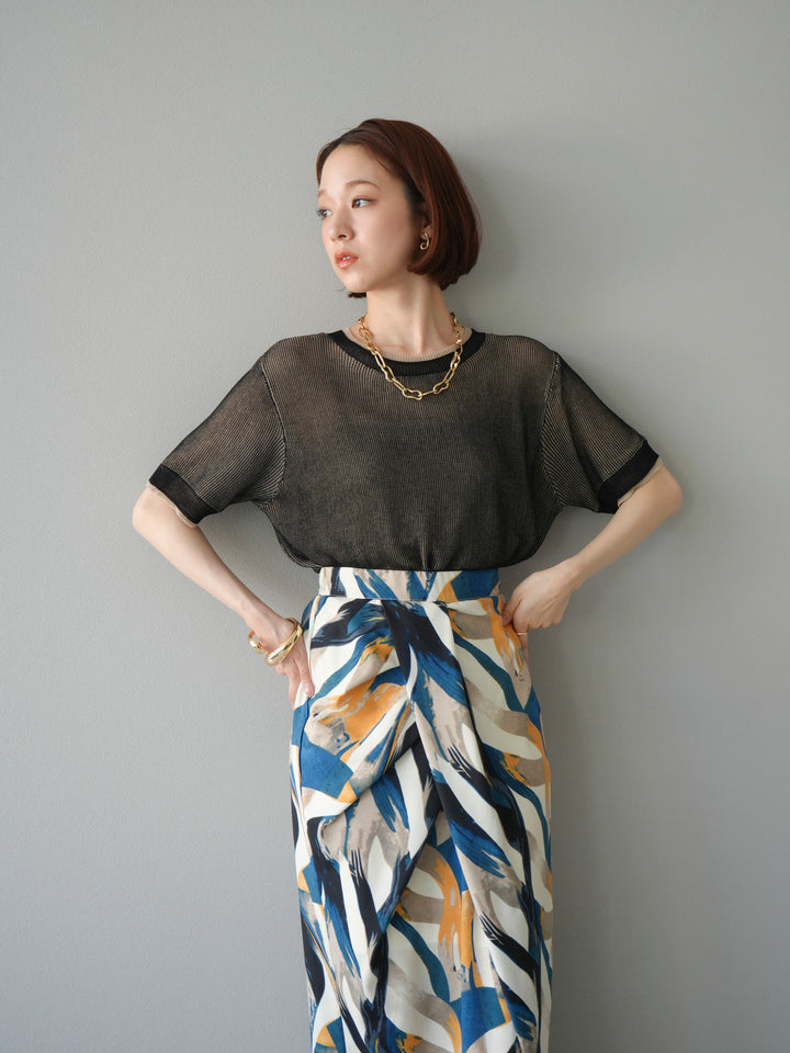 [SET]リネンタッチ配色二重臼ハーフニットトップス+選べるアソート柄スカートセット(2set)