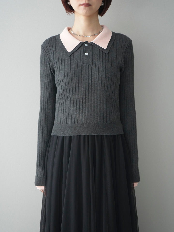[予約]ダブル襟ポロリブニットトップス/charcoalgray