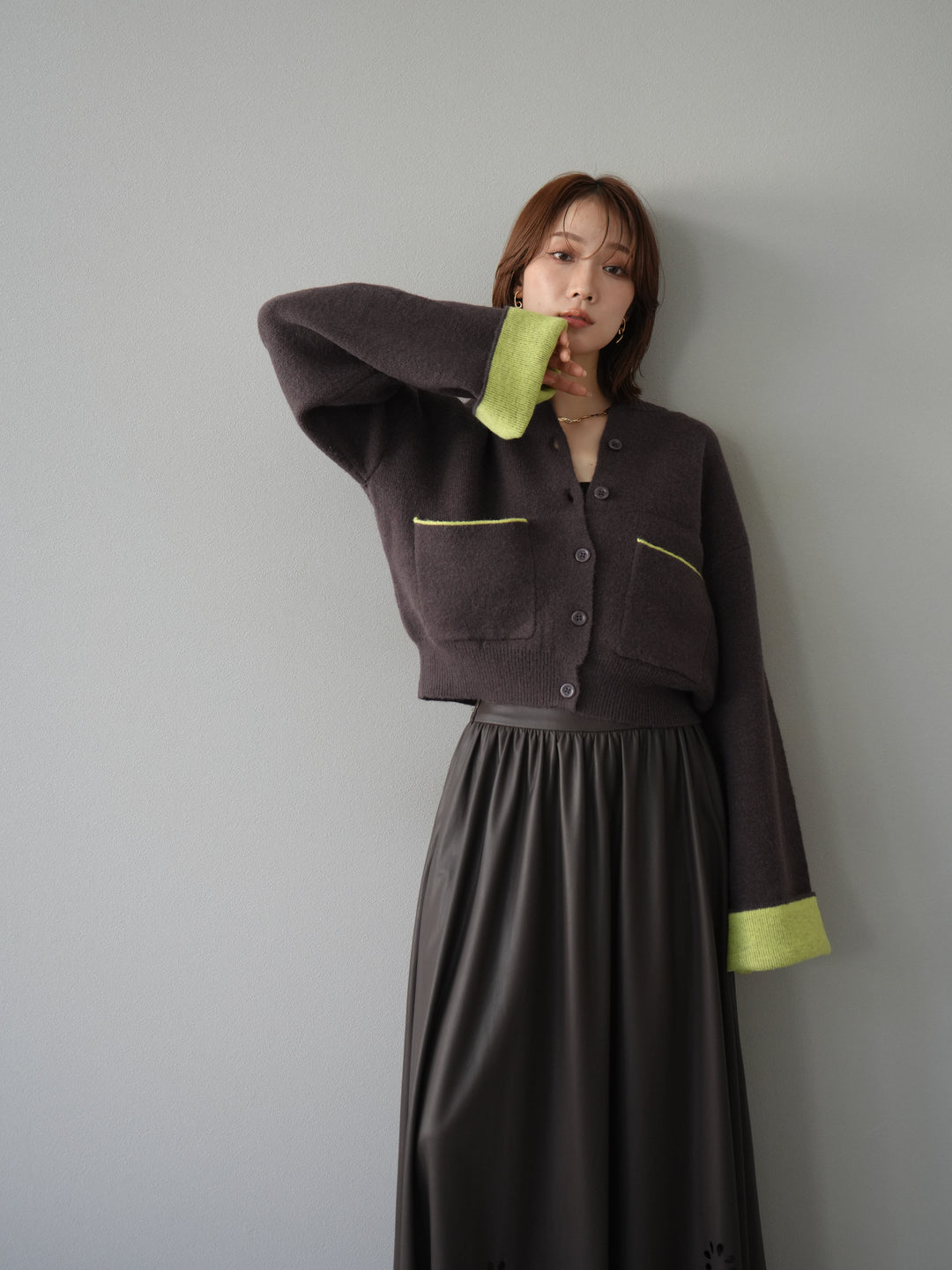 [予約]バイカラーオーバーニットカーディガン/ブラウン