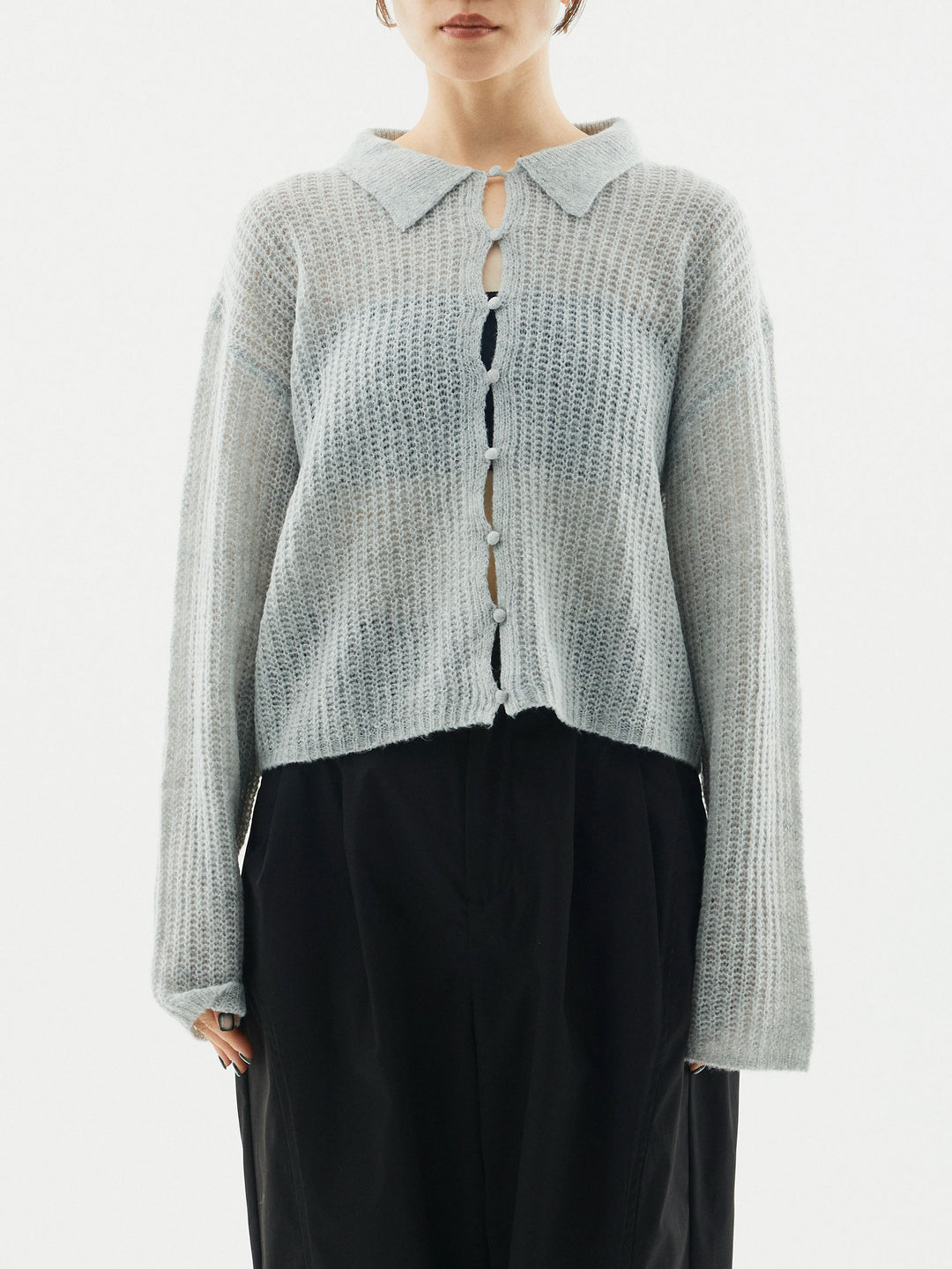 [予約]起毛片畦編みシアーポロニット/グレー