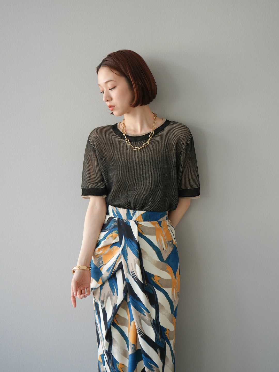 [SET]リネンタッチ配色二重臼ハーフニットトップス+選べるアソート柄スカートセット(2set)