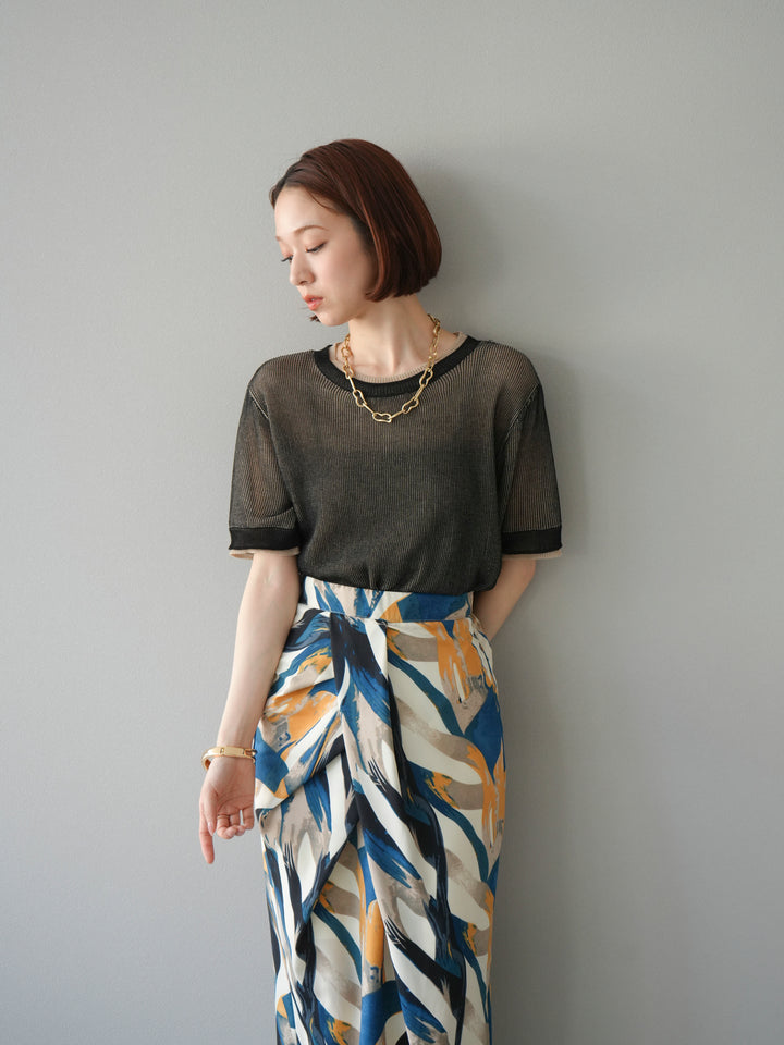 [SET]リネンタッチ配色二重臼ハーフニットトップス+選べるアソート柄スカートセット(2set)