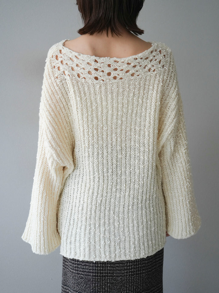 [予約]ボートネック透かし編みニットプルオーバー/white