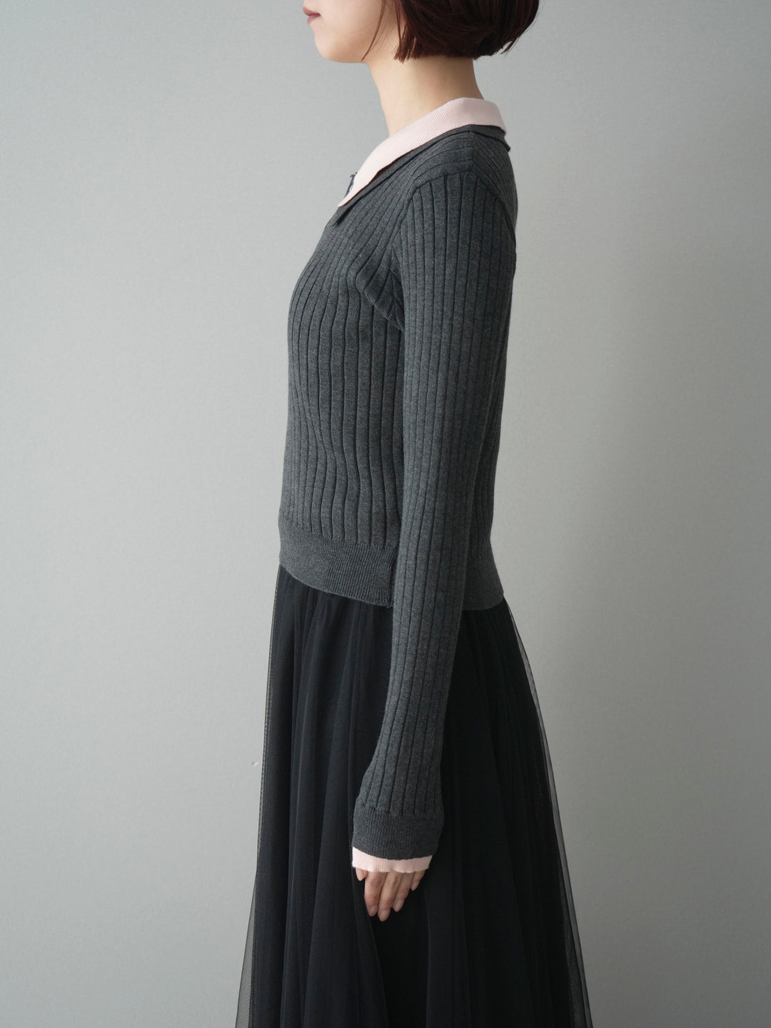 [予約]ダブル襟ポロリブニットトップス/charcoalgray