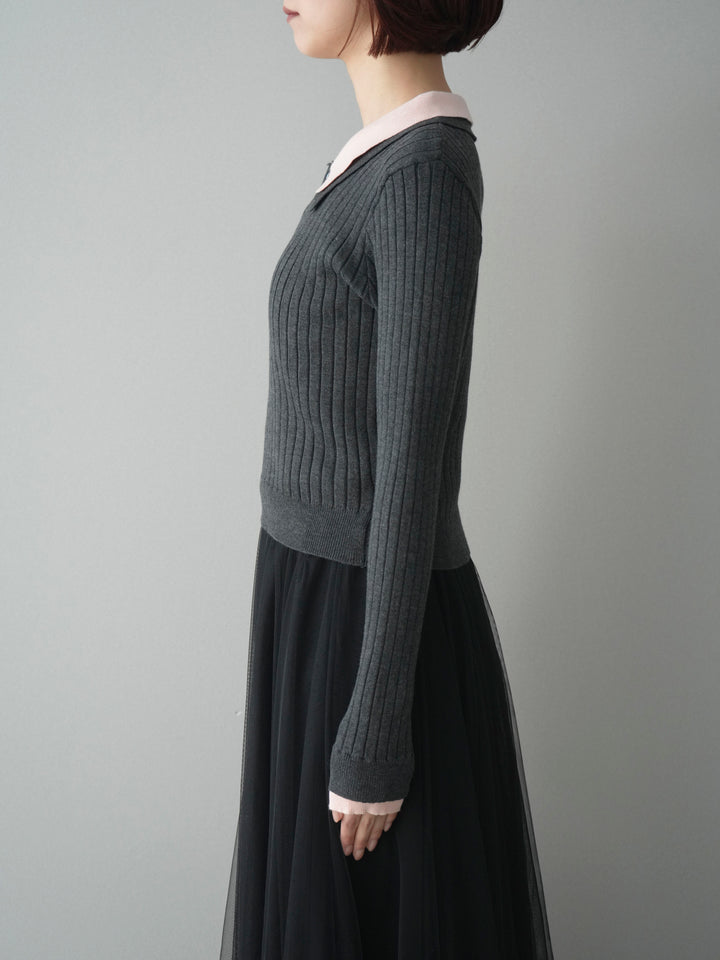 [予約]ダブル襟ポロリブニットトップス/charcoalgray