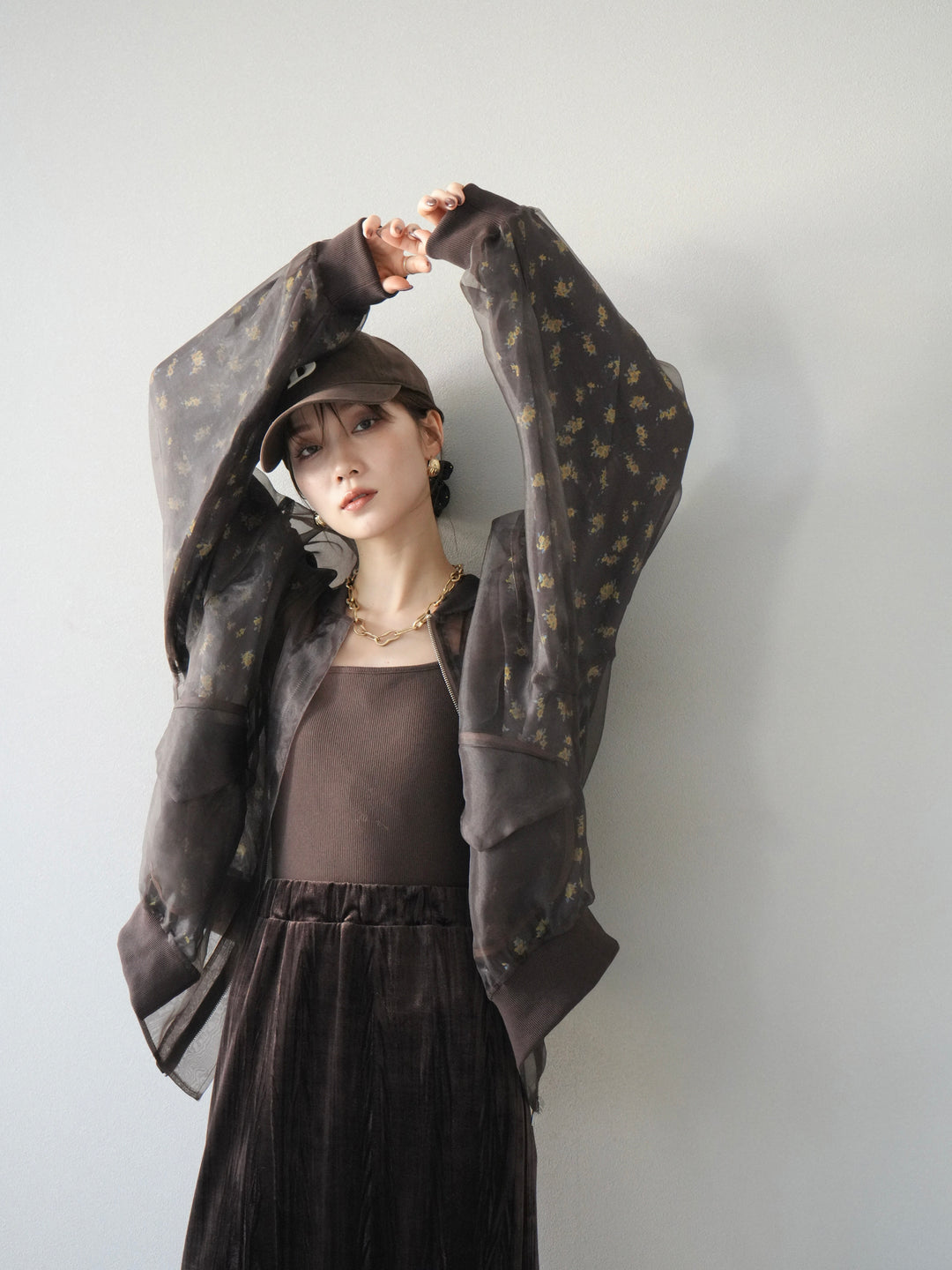 [予約]フラワーチュールドッキングブルゾン/ブラウン