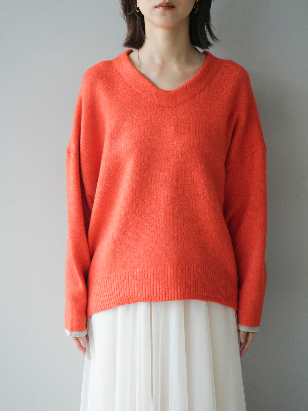 【預購】V領拼色袖針織套頭衫/橘色