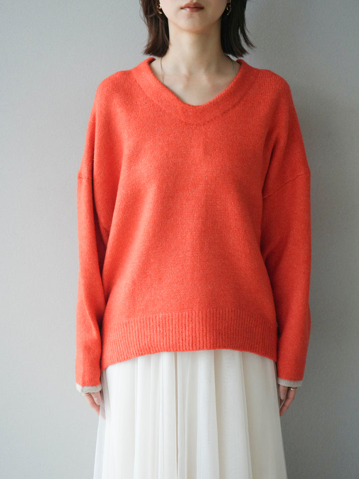 【預購】V領拼色袖針織套頭衫/橘色
