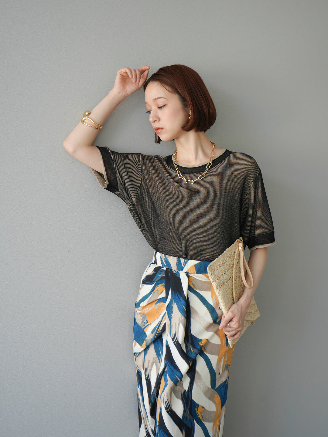 [SET]リネンタッチ配色二重臼ハーフニットトップス+選べるアソート柄スカートセット(2set)