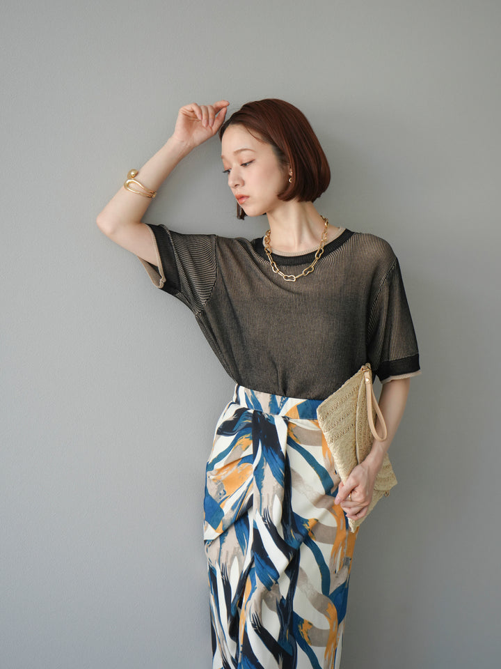 [SET]リネンタッチ配色二重臼ハーフニットトップス+選べるアソート柄スカートセット(2set)