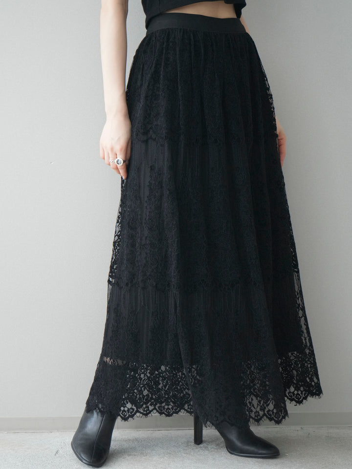 [予約]裏プリーツ総レースロングスカート/black