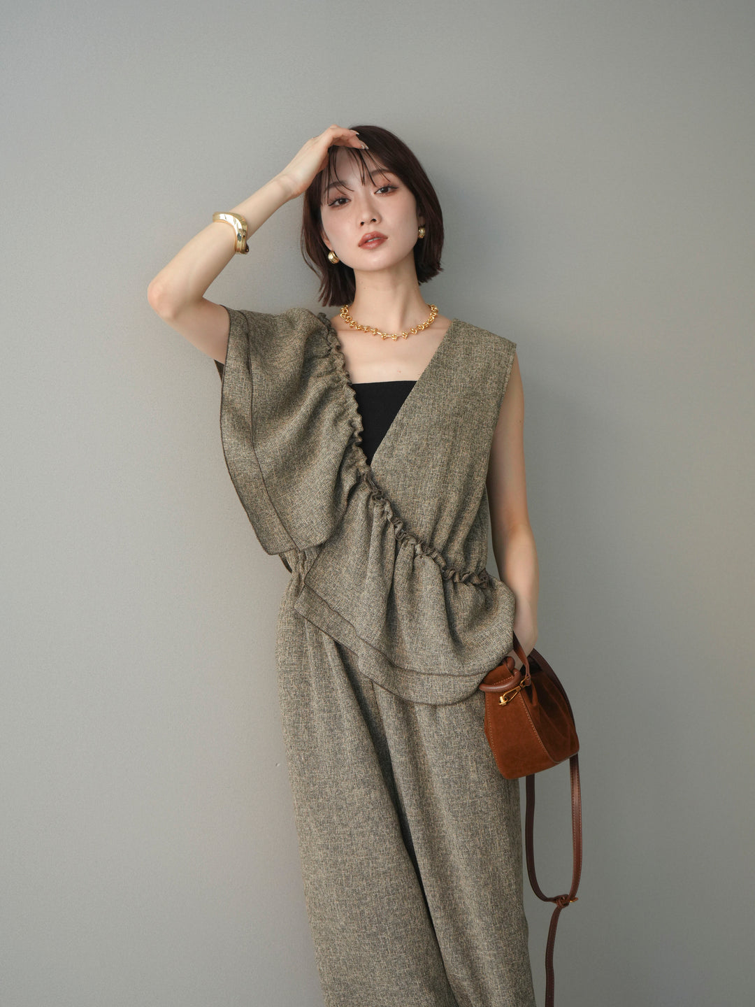 [SET]3WAYミックスツイードギャザーオールインワン+選べるアクセセット(2set)