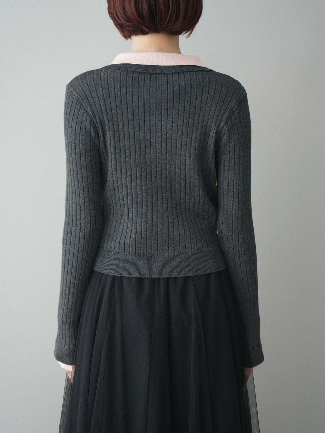 [予約]ダブル襟ポロリブニットトップス/charcoalgray
