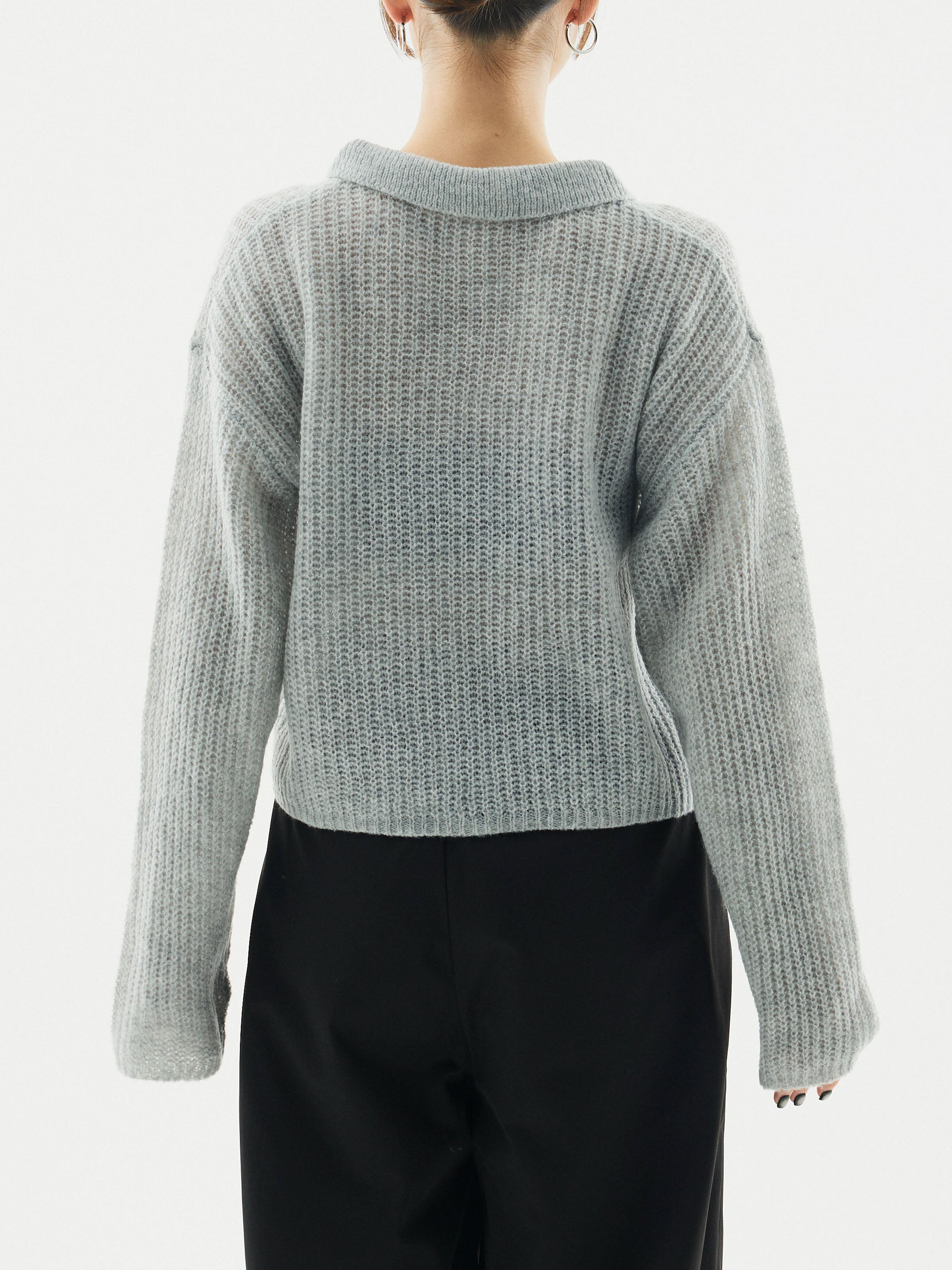 予約]起毛片畦編みシアーポロニット/グレー – Lumier