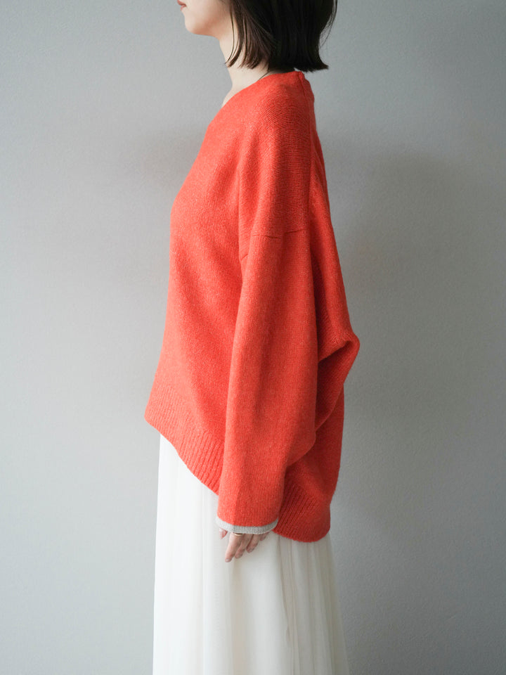 【預購】V領拼色袖針織套頭衫/橘色