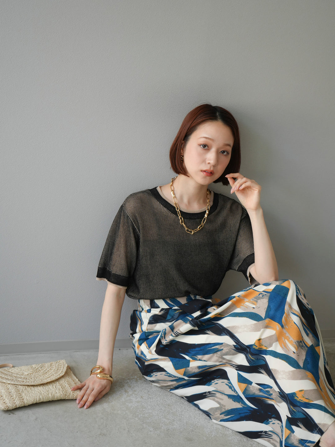 [SET]リネンタッチ配色二重臼ハーフニットトップス+選べるアソート柄スカートセット(2set)