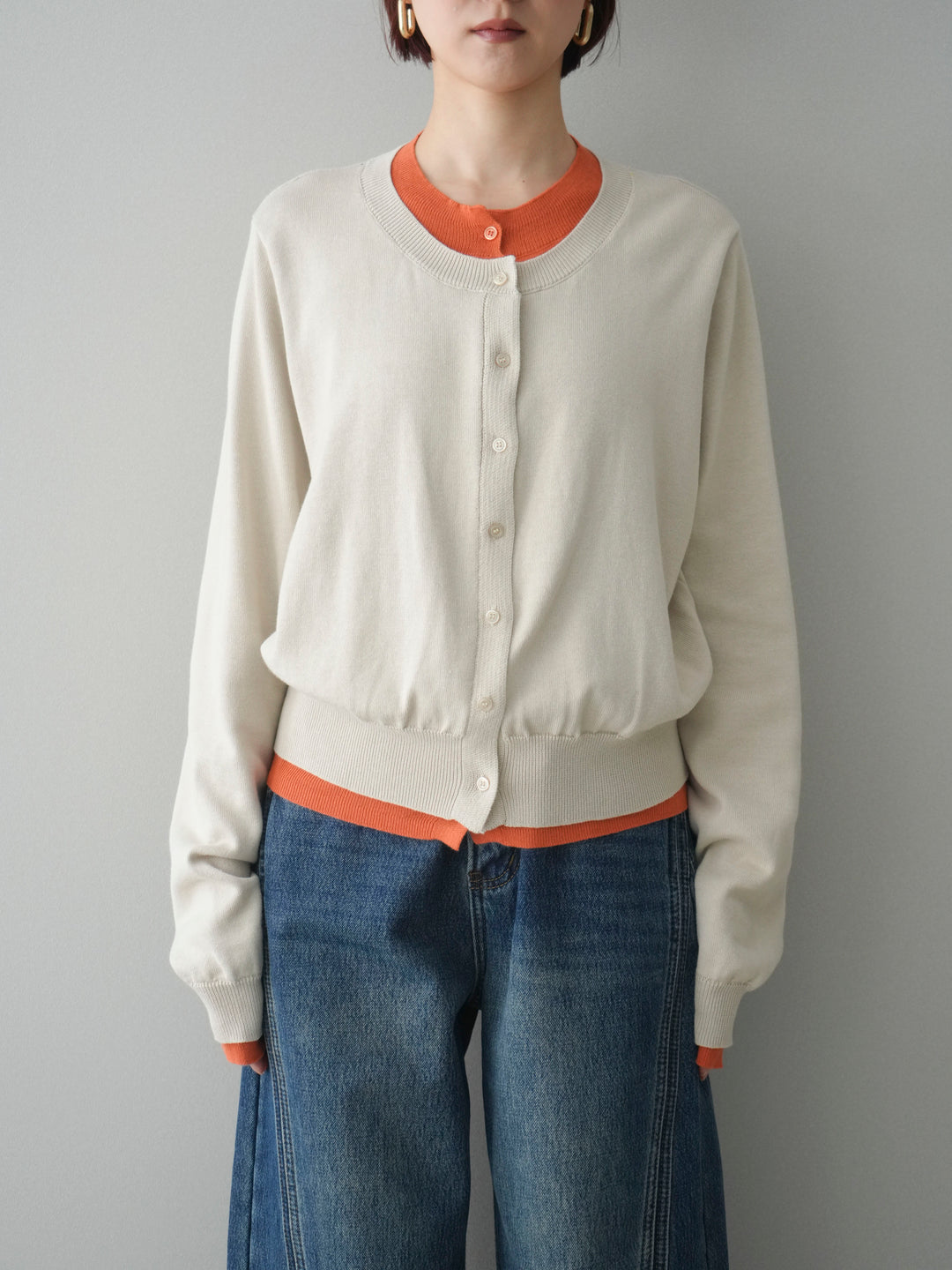 [予約]配色レイヤードコットンアクリルニットカーディガン/ivory