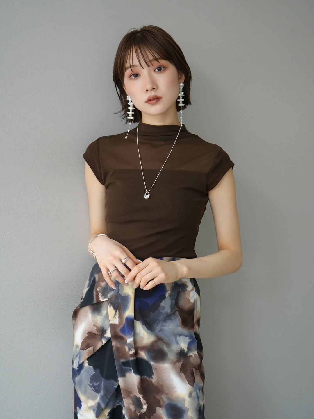 [SET]シアー切替ストレッチ長袖トップス+シアー切替ストレッチトップス(2set)