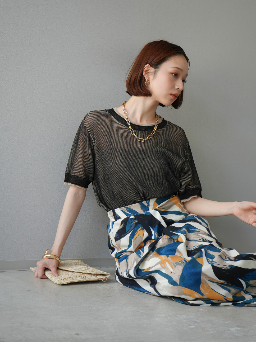 [SET]リネンタッチ配色二重臼ハーフニットトップス+選べるアソート柄スカートセット(2set)