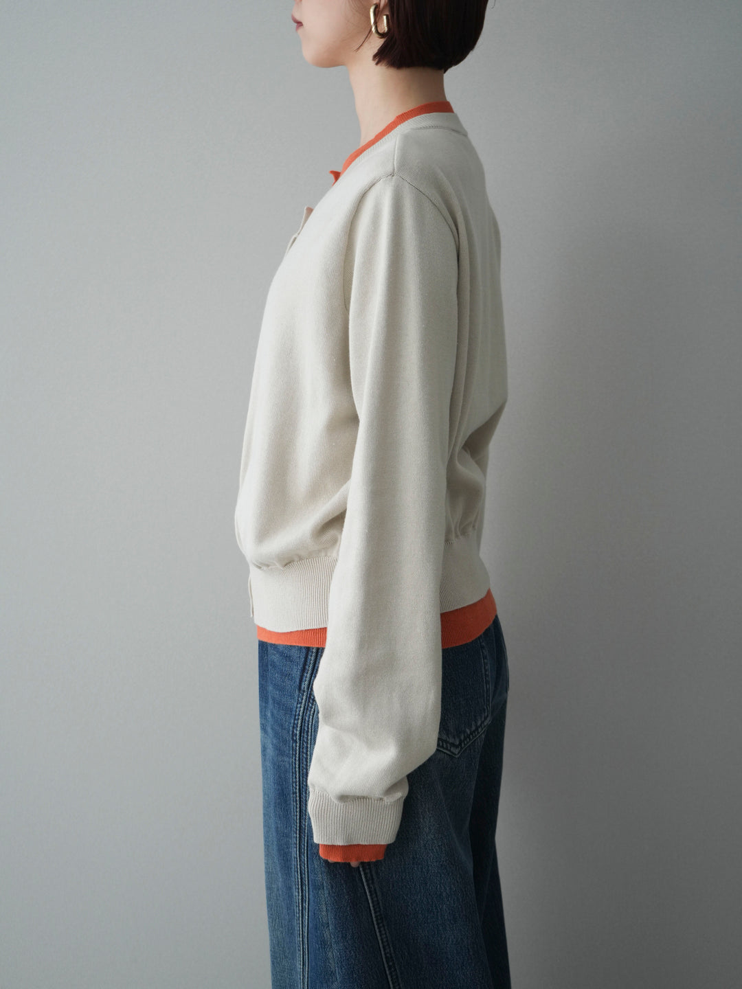 [予約]配色レイヤードコットンアクリルニットカーディガン/ivory