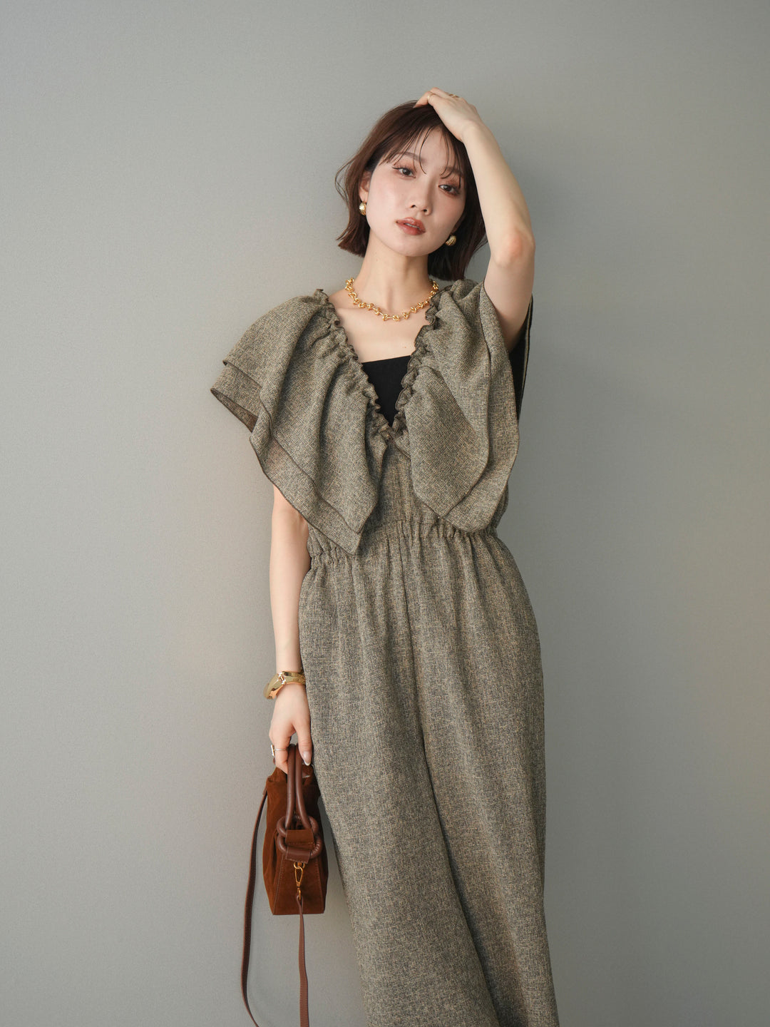 [SET]3WAYミックスツイードギャザーオールインワン+選べるアクセセット(2set)