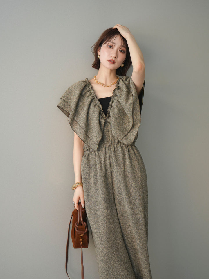 [SET]3WAYミックスツイードギャザーオールインワン+選べるアクセセット(2set)