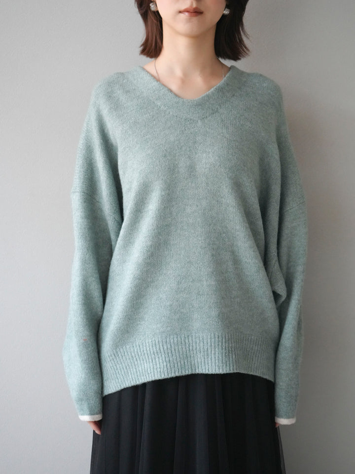 【預購】V領撞色袖針織套頭衫/薄荷綠