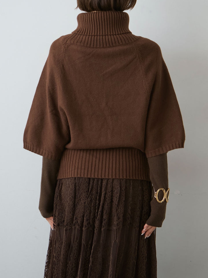 [予約]ハイネックケーブルケープニットトップス/brown