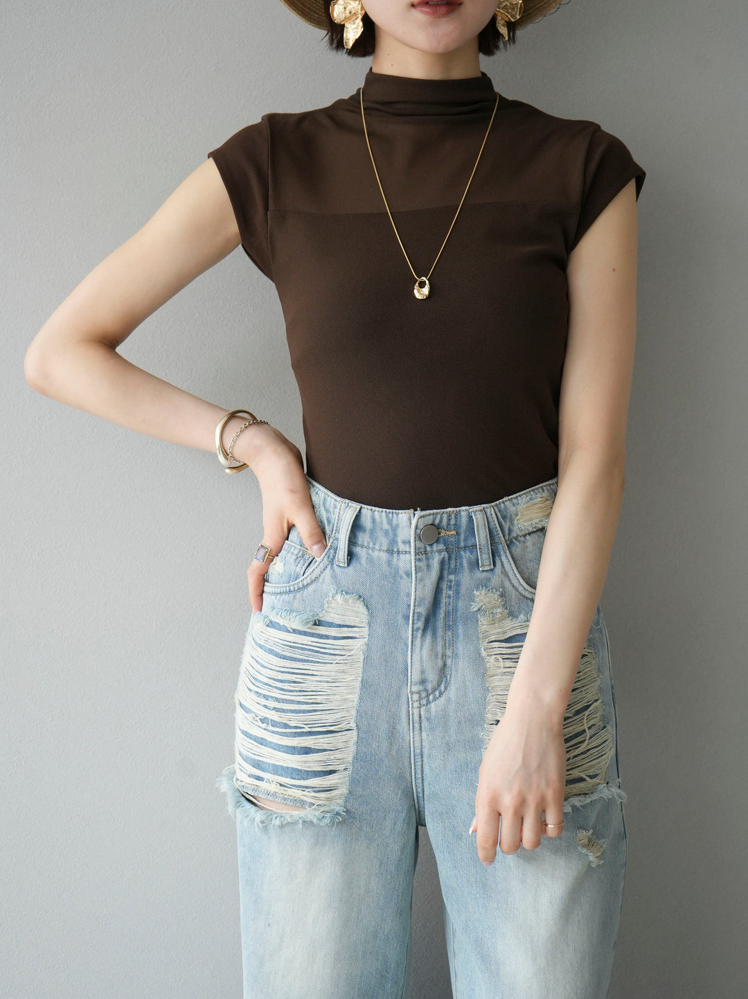 [SET]シアー切替ストレッチ長袖トップス+シアー切替ストレッチトップス(2set)