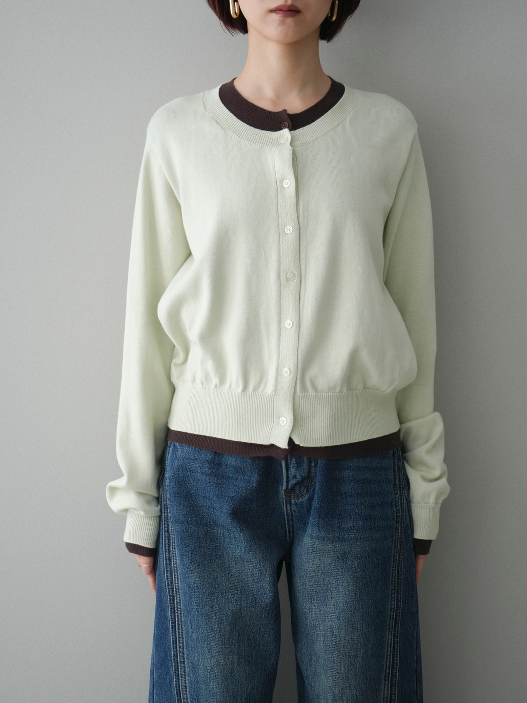 [予約]配色レイヤードコットンアクリルニットカーディガン/mint