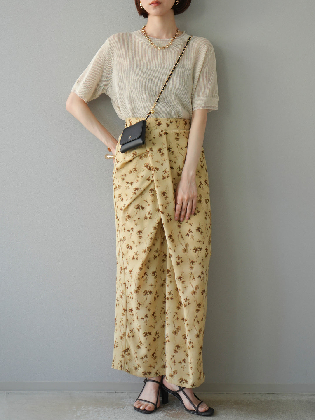 [SET]リネンタッチ配色二重臼ハーフニットトップス+選べるアソート柄スカートセット(2set)