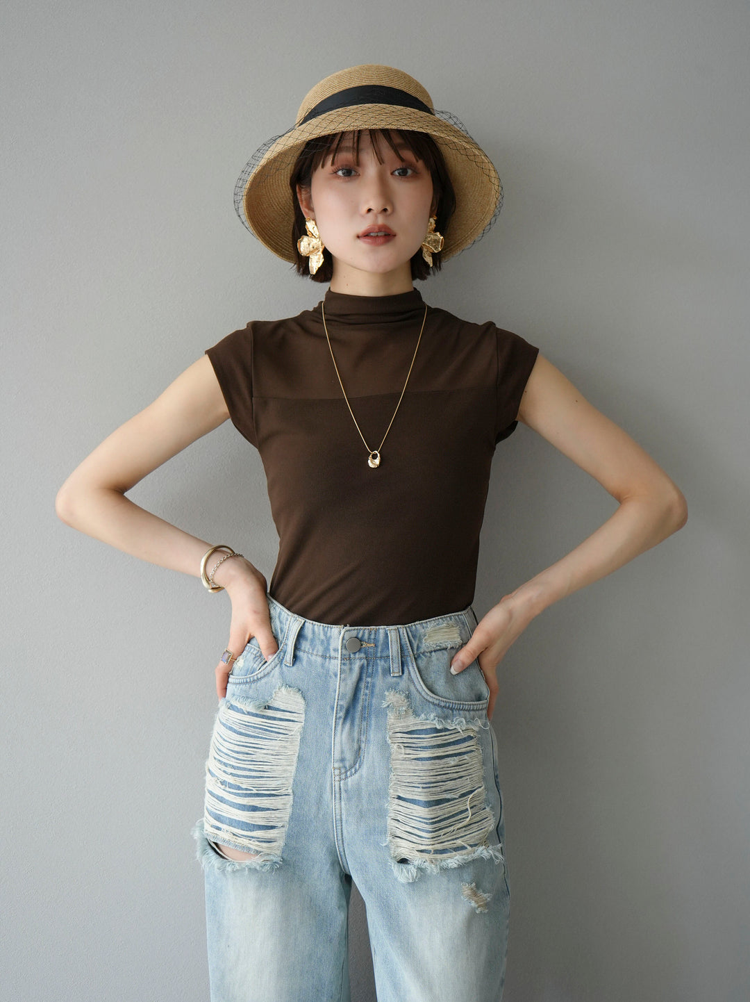 [SET]シアー切替ストレッチ長袖トップス+シアー切替ストレッチトップス(2set)