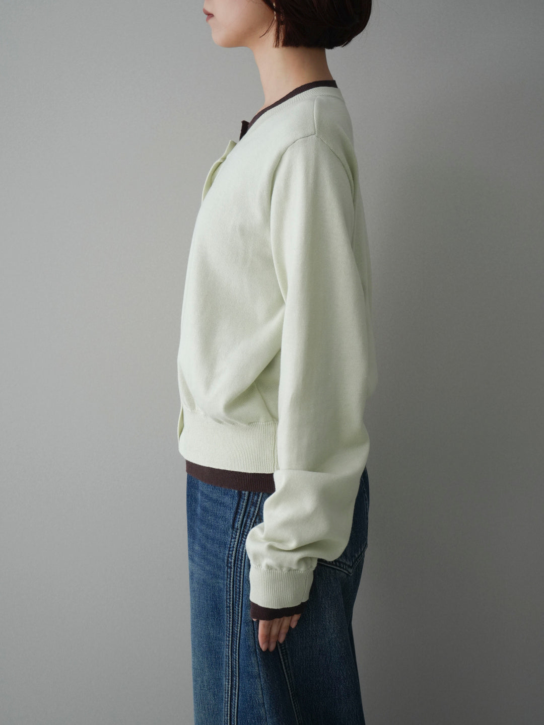 [予約]配色レイヤードコットンアクリルニットカーディガン/mint