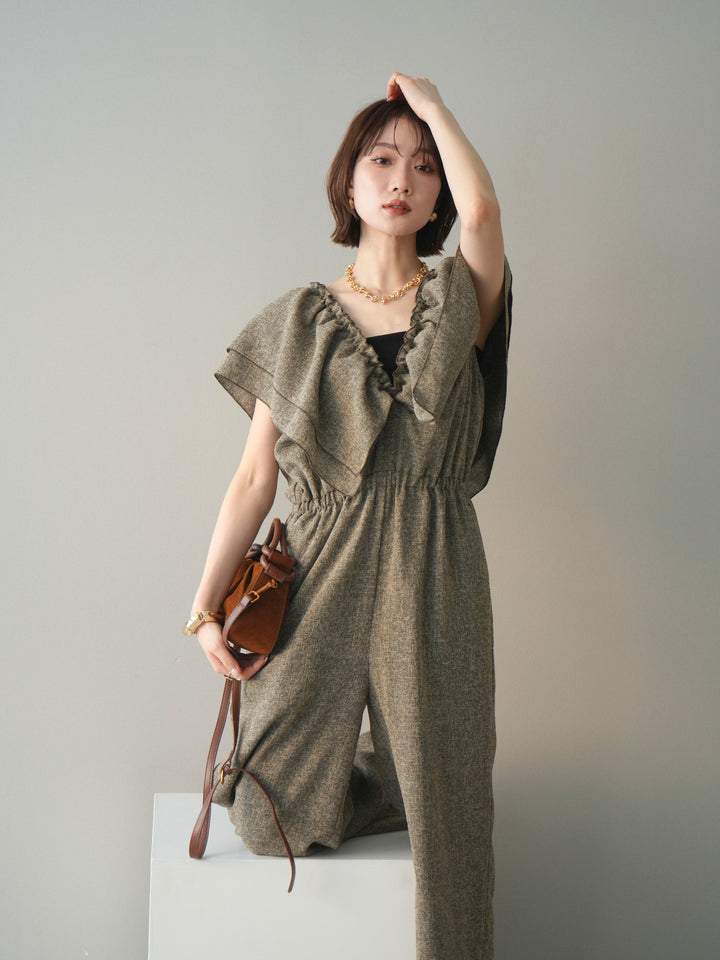 [SET]3WAYミックスツイードギャザーオールインワン+選べるアクセセット(2set)