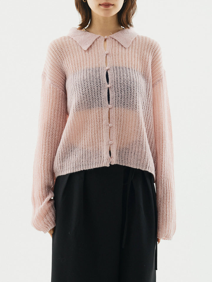 [予約]起毛片畦編みシアーポロニット/ビンク