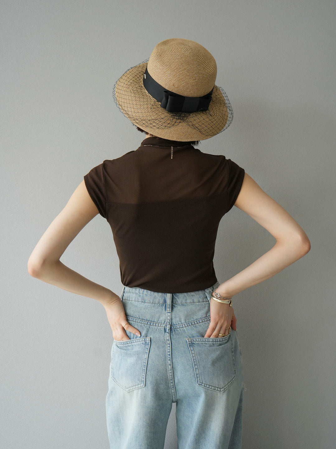 [SET]シアー切替ストレッチ長袖トップス+シアー切替ストレッチトップス(2set)