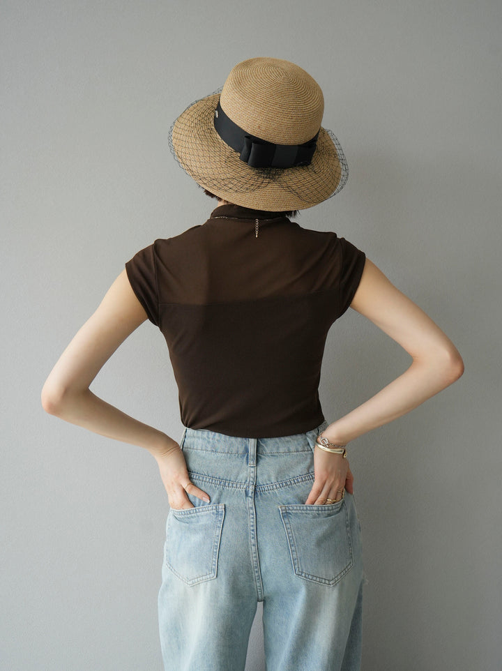 [SET]シアー切替ストレッチ長袖トップス+シアー切替ストレッチトップス(2set)