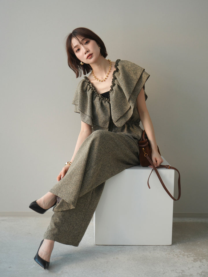 [SET]3WAYミックスツイードギャザーオールインワン+選べるアクセセット(2set)