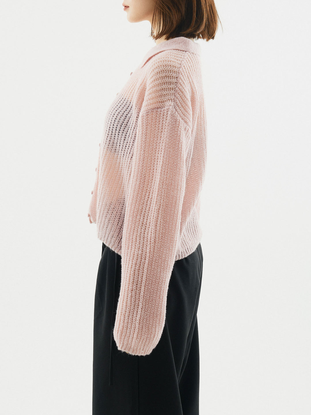 [予約]起毛片畦編みシアーポロニット/ビンク