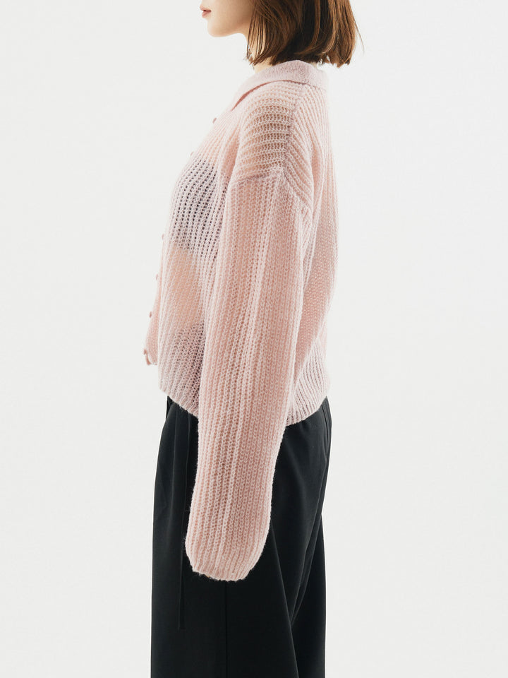 [予約]起毛片畦編みシアーポロニット/ビンク