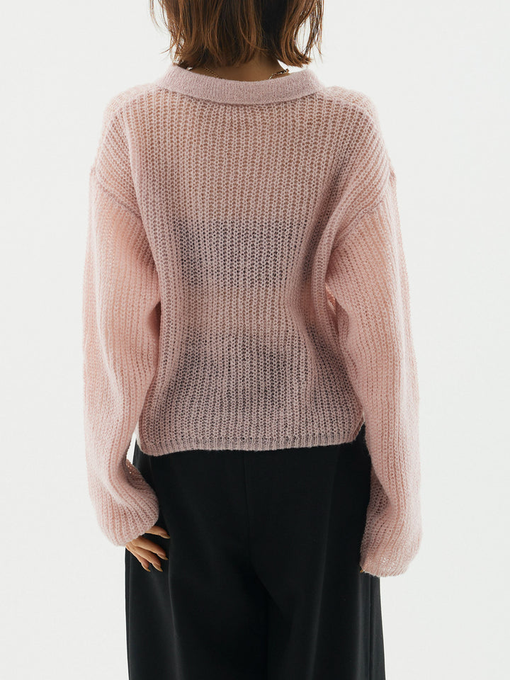 [予約]起毛片畦編みシアーポロニット/ビンク