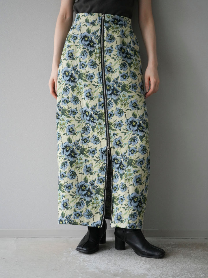 [予約]ゴブランフロントジップタイトスカート/ブルー