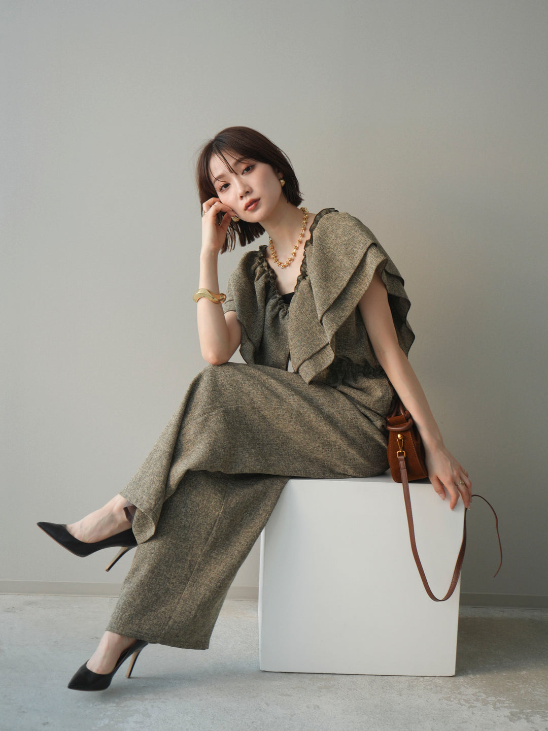 [SET]3WAYミックスツイードギャザーオールインワン+選べるアクセセット(2set)