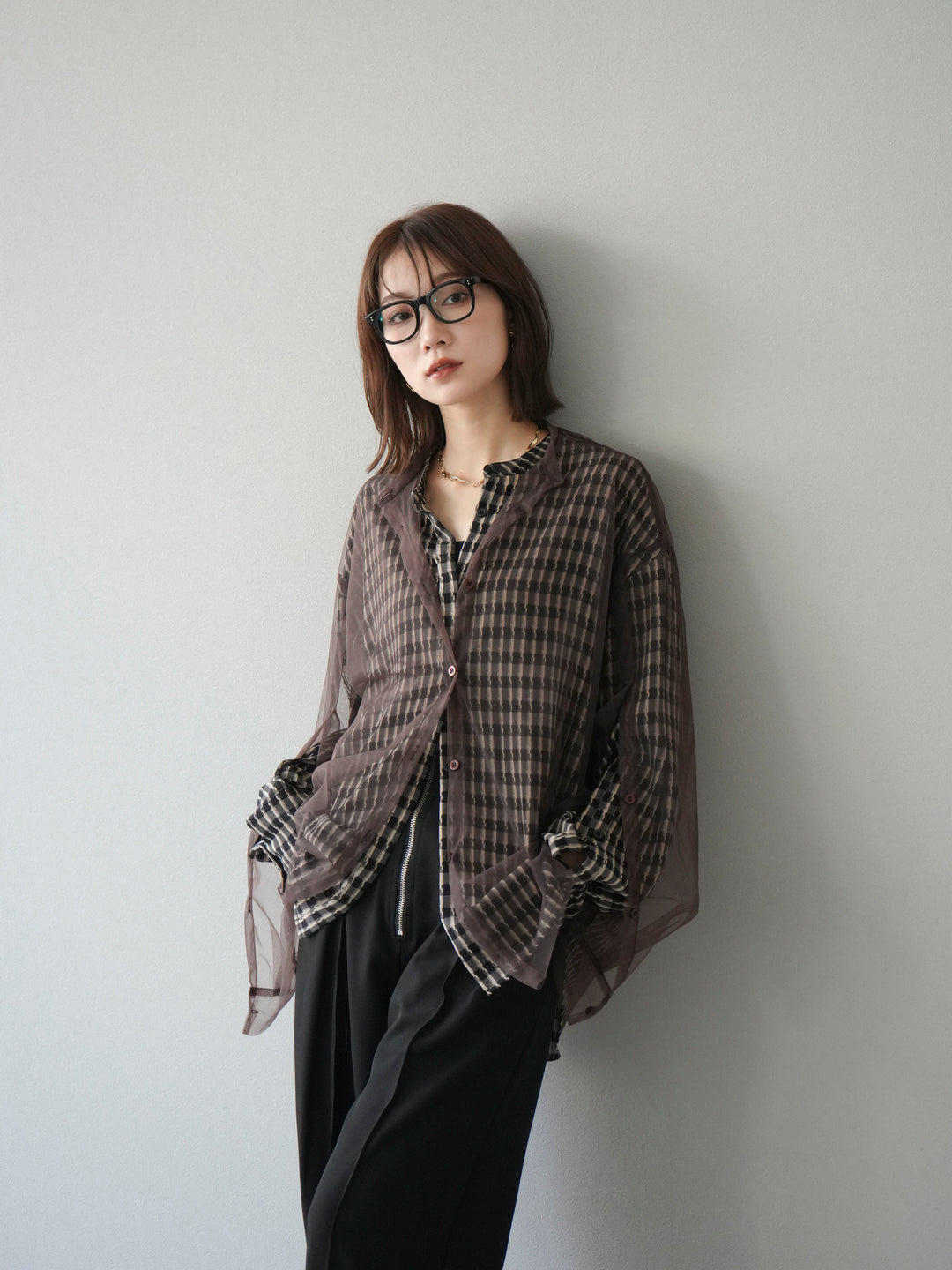 [予約]チェック柄2WAYスリーブバンドカラーシャツ/ベージュブラック