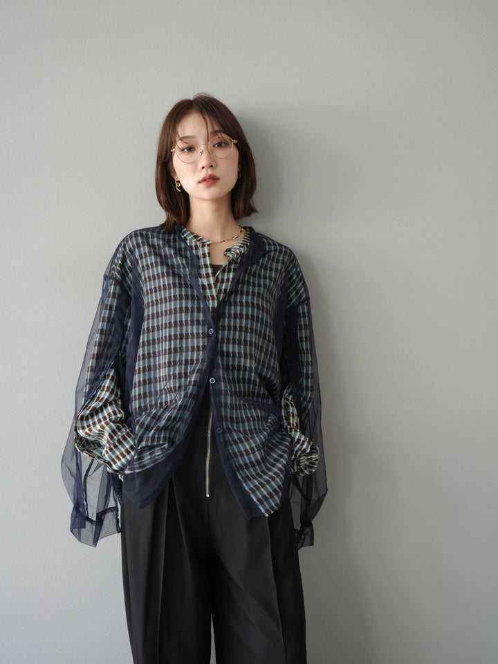 [予約]チェック柄2WAYスリーブバンドカラーシャツ/ブルーブラウン