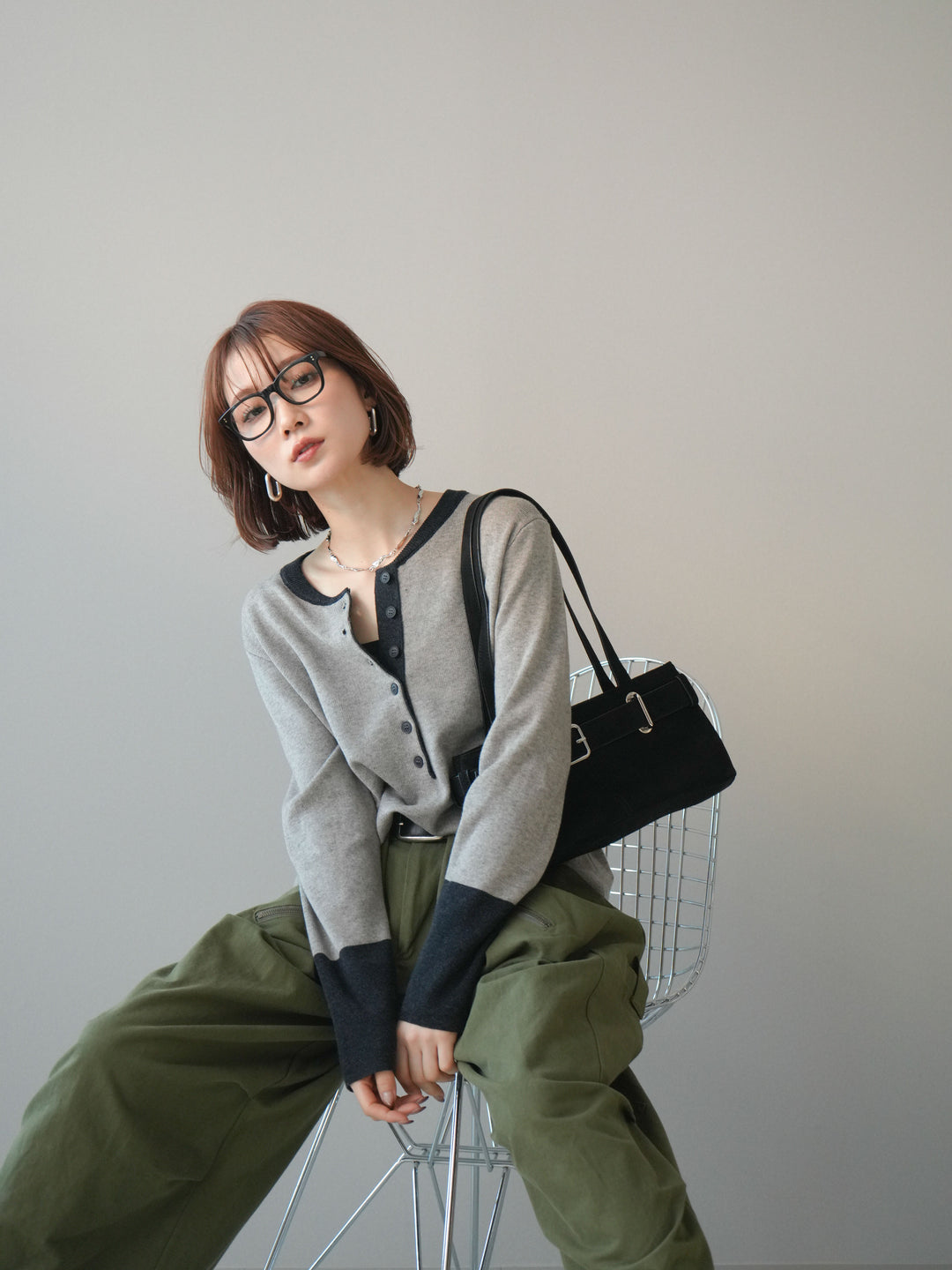 [SET]ヘンリーネック配色ニットソー+ヘンリーネック配色ニットソー(2set)