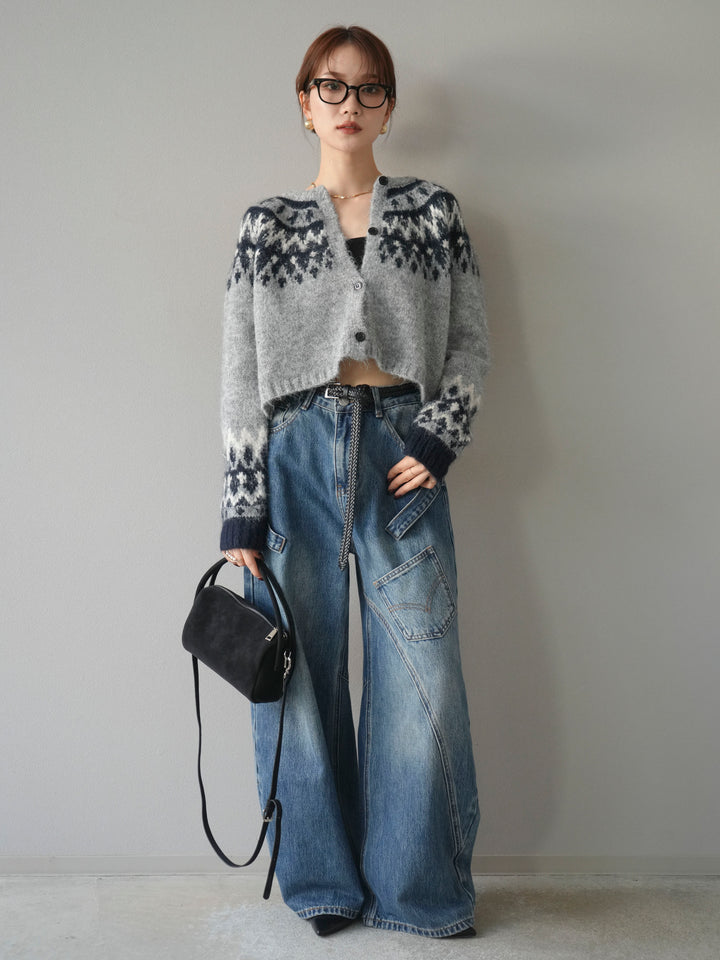 【着回しセット】[SET]求心柄クロップドニットカーディガン+ミックスヤーンペイズリー柄ニットカーディガン+ペインターカーブデニムパンツ(3set)