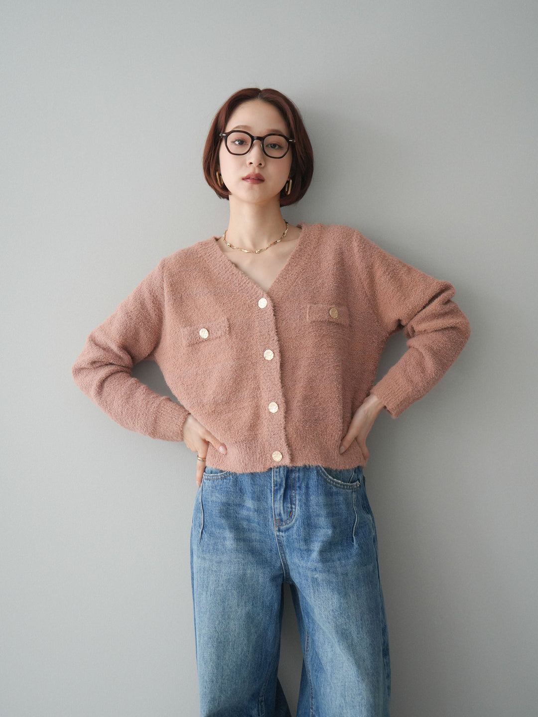 [予約]ゴールドボタンモールニットカーディガン/beige