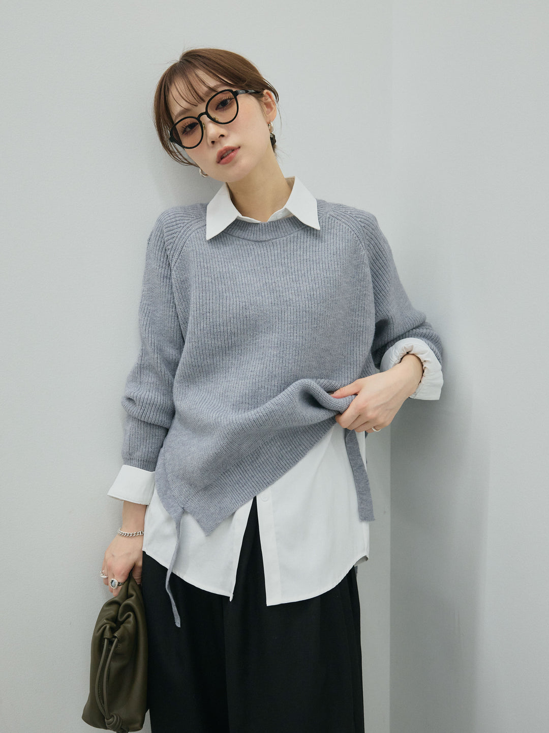 【Allure】[SET]サイドスリット畦編みニットプルオーバーシャツアンサンブル+モックスカルゼサイドタックコクーンパンツ(2set)