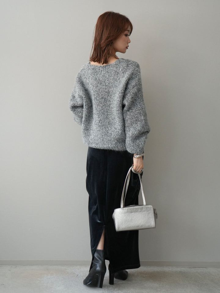 [SET]Vネックミックスヤーンニットプルオーバー+ギャザーベロアスカート(2set)